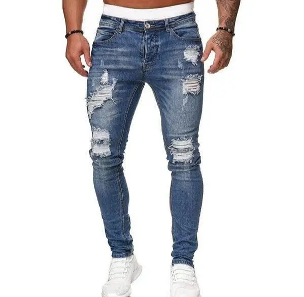 Rua elástica jeans masculino calças jeans lavagem cor sólida casual meados de cintura calças fino ajuste uso diário corredores