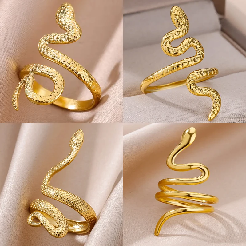 Vintage Stainless Steel Snake Ring for Women Men Gold Color Open Geometric Ring Hip Hop Party Jewelry Gift