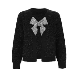 High Quality New Fashion Glitter Crystal Bowknot Short Style Jacket Coats Women asual Streetwear Chic Knitwear Cardigan Sweater