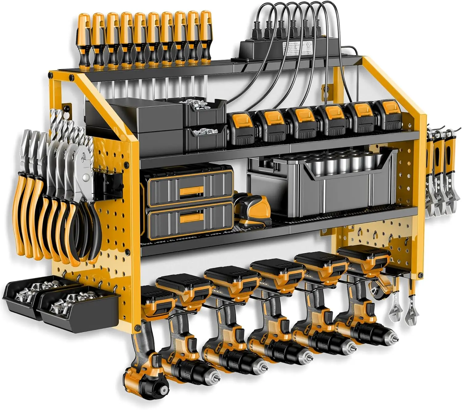 

Power Tool Organizer Wall Mount with Charging Station. Patented, Heavy Duty Steel, Garage 6 Drill Storage Shelf, 8 Hooks