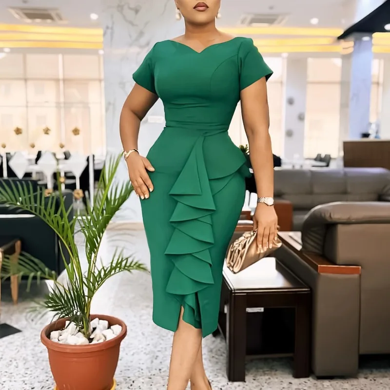 

Large Size Women's Clothing New Fashion Temperament Elegant Ruffle Edge Dress