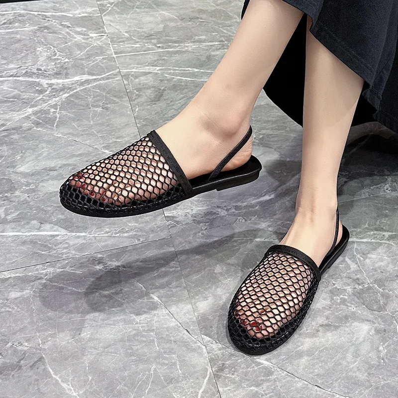 2026 Women's Summer New Fashionable Fish Net Hollow out Sandals Round Headed Flat Bottom mesh Shoes Headless Half Slippers