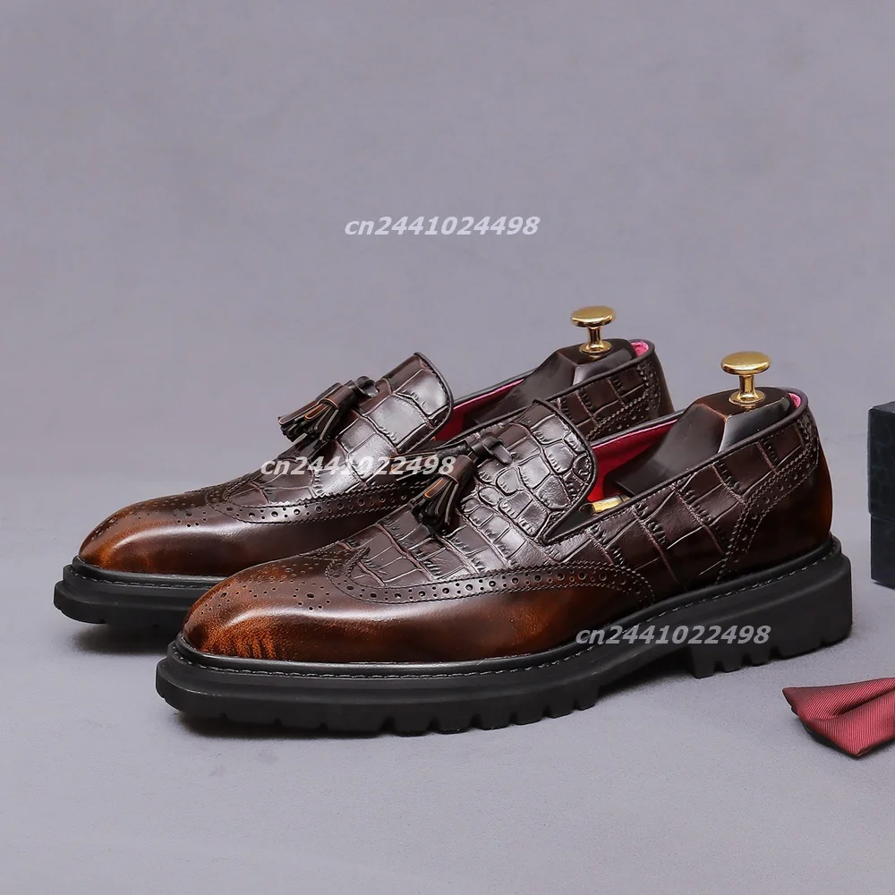 Tassel Decor Crocodile Grain Men Loafers, Square Toe Brogue Perforated Carving Chunky Thick Platform Formal Business Footwear