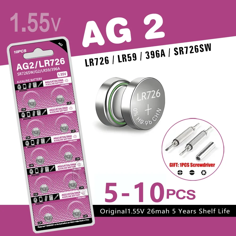 Batería de botón AG2 de 1,55 V, confiable, de alta durabilidad, 5-10 Uds. SR726SW 397 SR59 para calculadoras, reloj, pila de moneda Universal