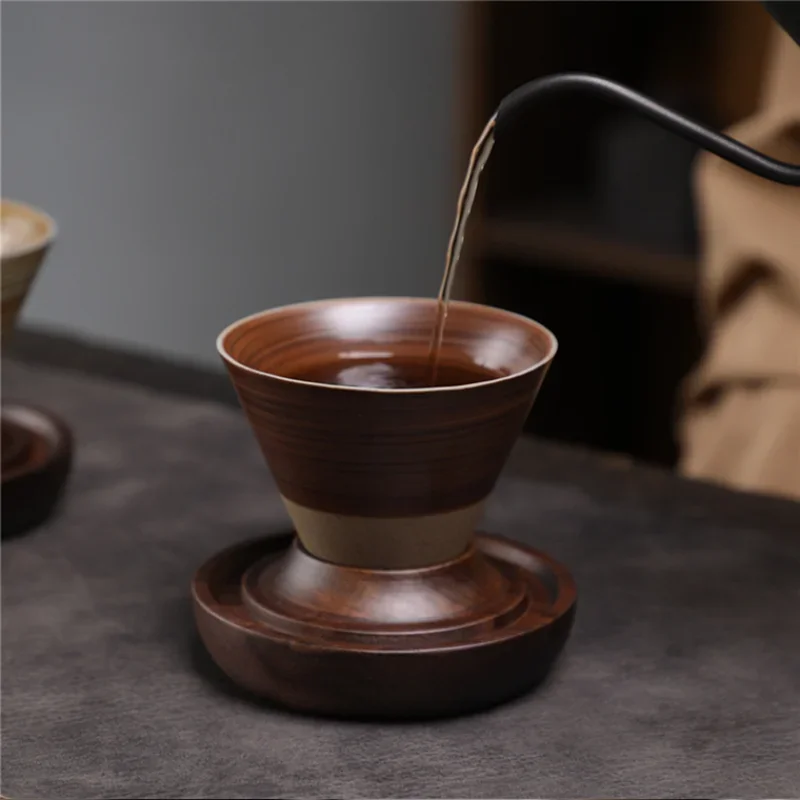 Vintage Coarse Pottery Coffee Cup Set, Funnel-shaped Ceramic Cup, Tea Set, Triangular Conical American Latte Special Cup，200ml
