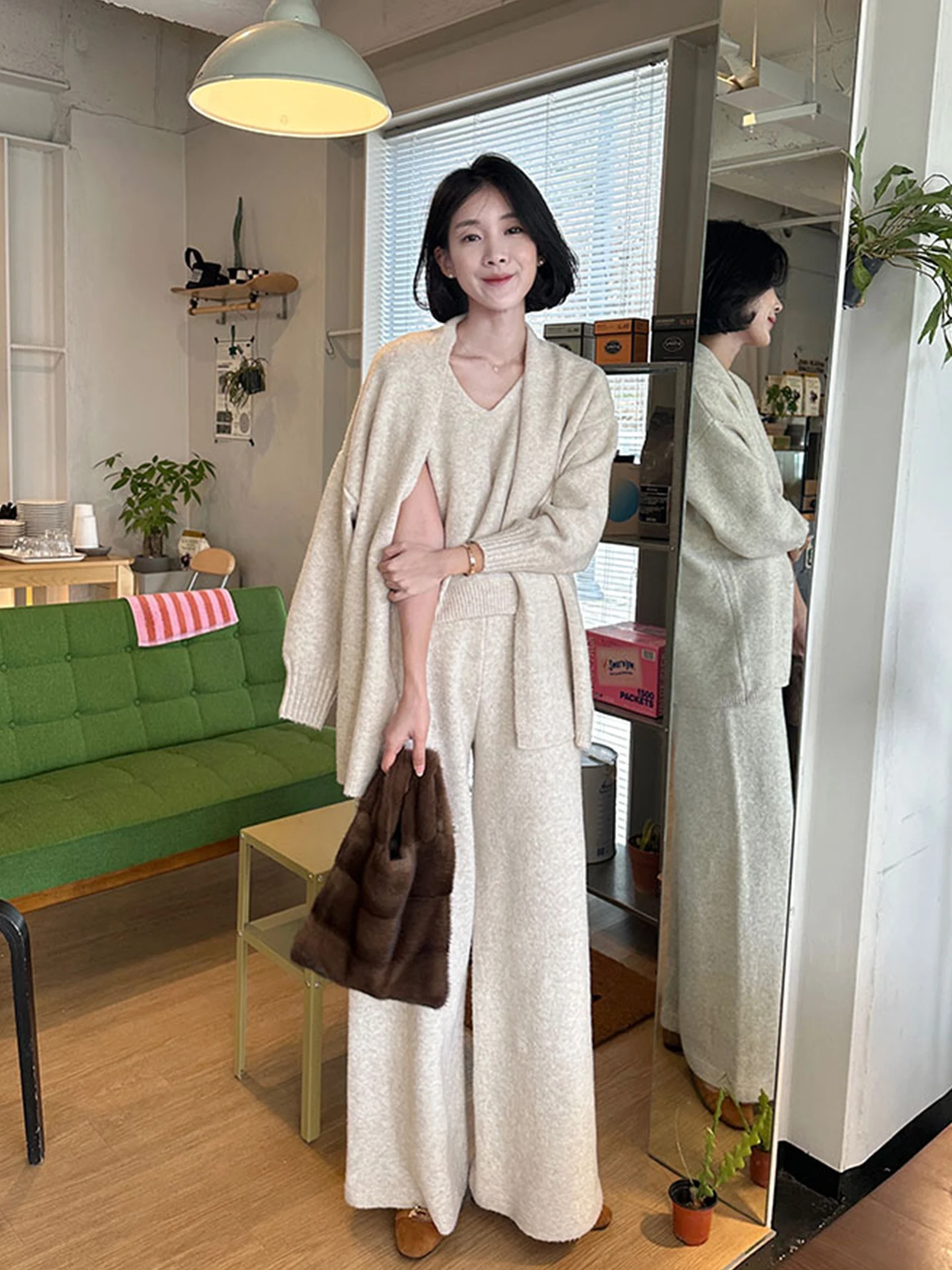 Faionable maglione lavorato a maglia gilet e pantaloni set per donna inverno nuovo arrivo strato base cardigan aperto lungo Sve vestibilità ampia