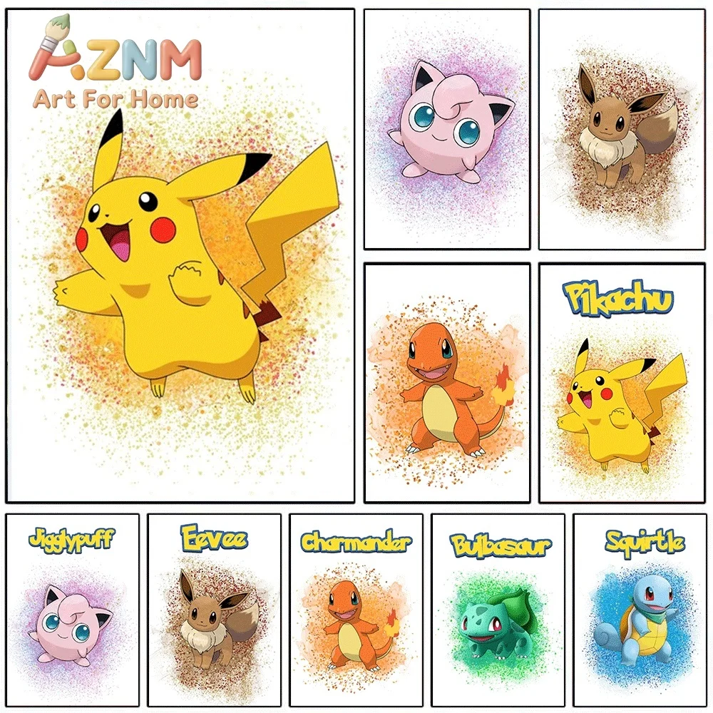 2D Flat Posters & Prints,Pikachu Glitter Splash Canvas Wall Art,2D Flat Frameless Anime Monster Print,Home Decor for Kids Bedr