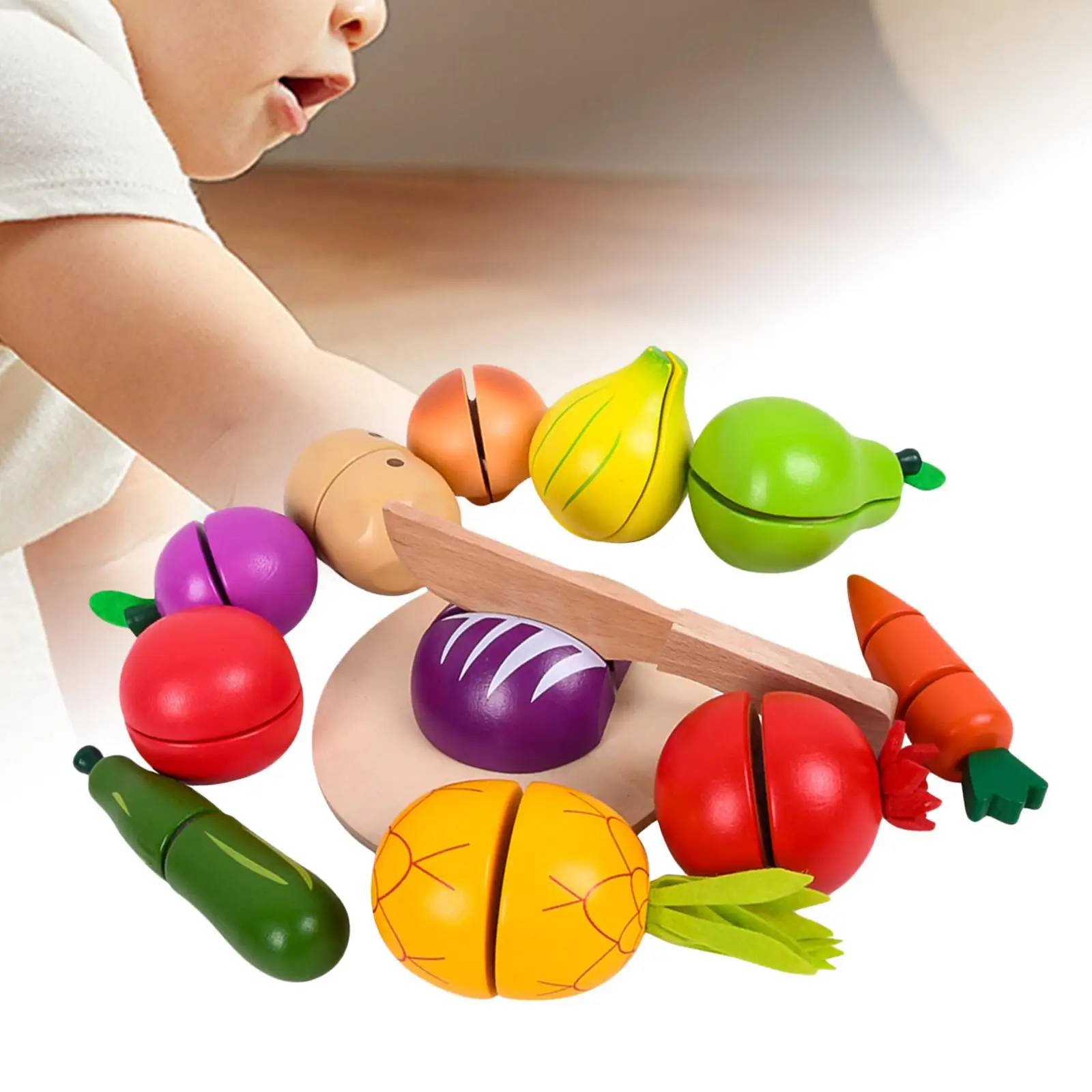 13Pieces Kitchen Toys Cutting Fruits Toys Simulation Educational Wooden Learning Toy Pretend Food Playset Kids Holiday Gifts