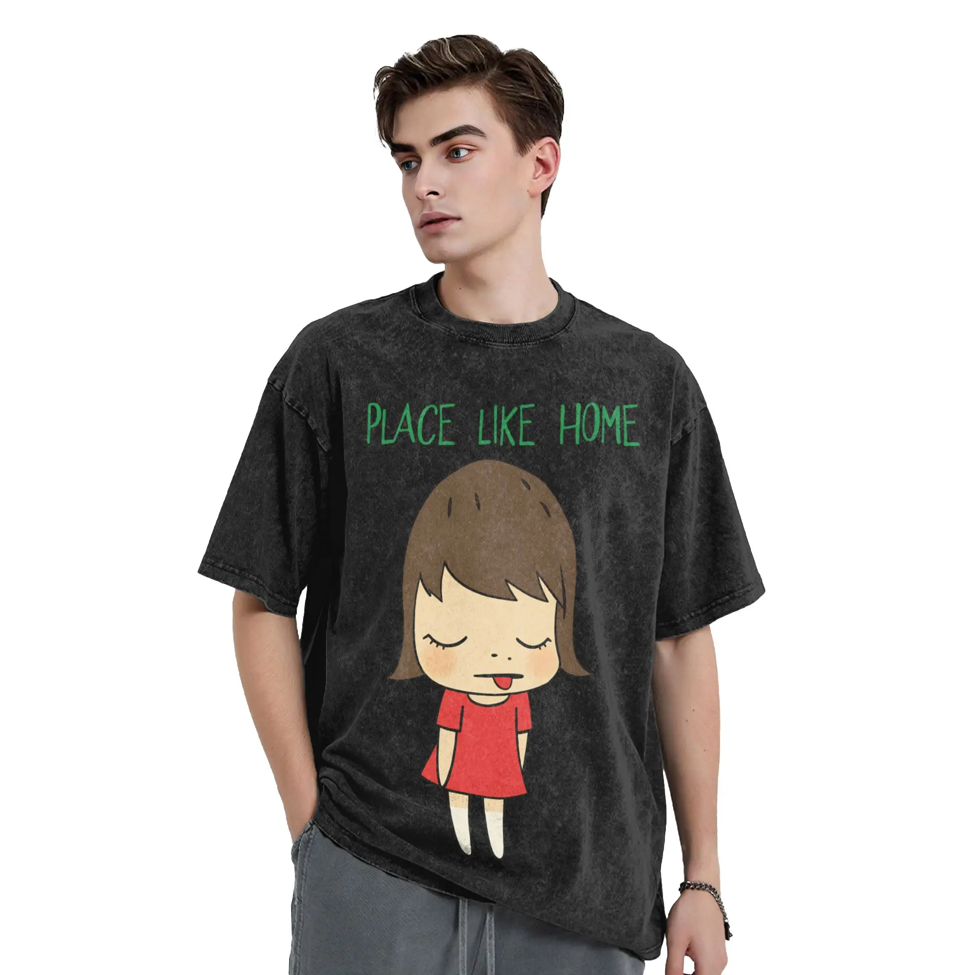 Novelty Yoshitomo Nara Place Like Home T-Shirt for Men O Neck Cotton Washed T Shirts  Short Sleeve Tees Summer Clothing