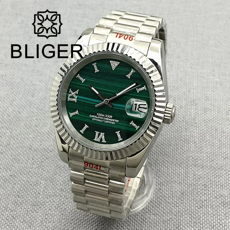 BLIGER New Malachite Green Dial Watch For Men 36mm/39mm NH35 Automatic Steel Strap Fluted Bezel Roman Hours Marks Date Glide