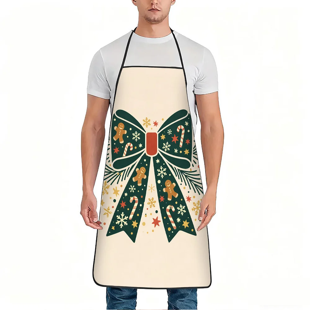 1pc Gingerbread For Man & Candy Cane Print Apron With Bow - Thickened Polyester Suitable For Cooking, Baking, Crafts, Gardening,