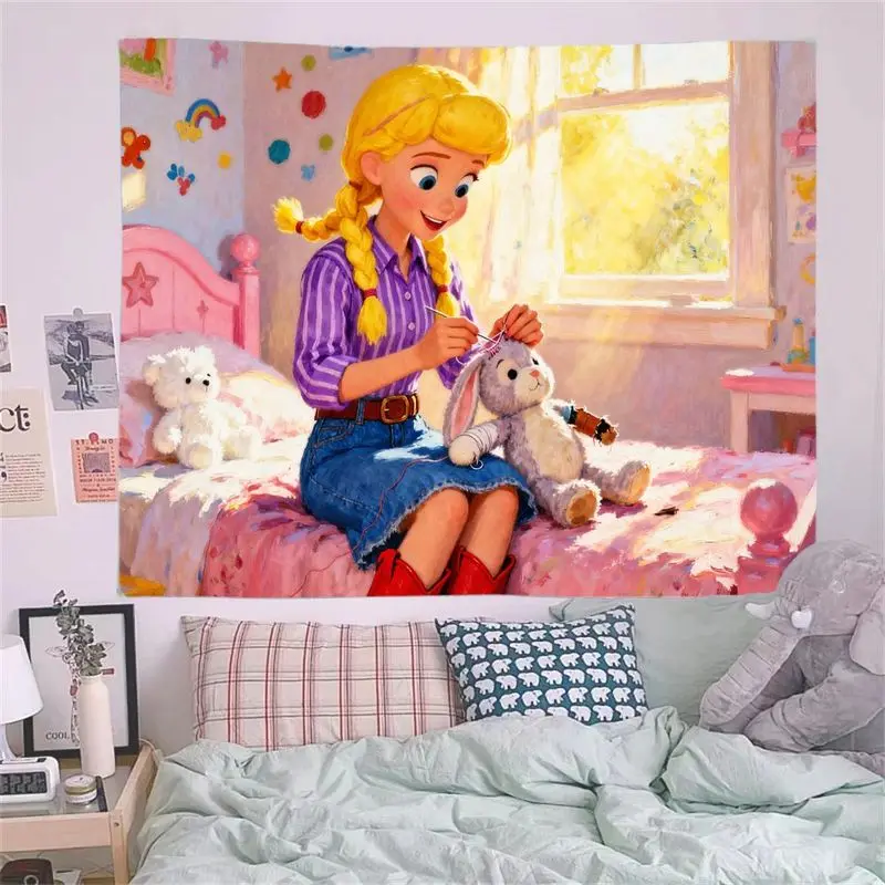 1 Buah Tapestry Kelinci Lucu Bergaya Kartun Gadis Pedesaan, Hiasan Dinding Kawaii dari Poliester untuk Kamar Anak, Kamar Tidur, Hadiah
