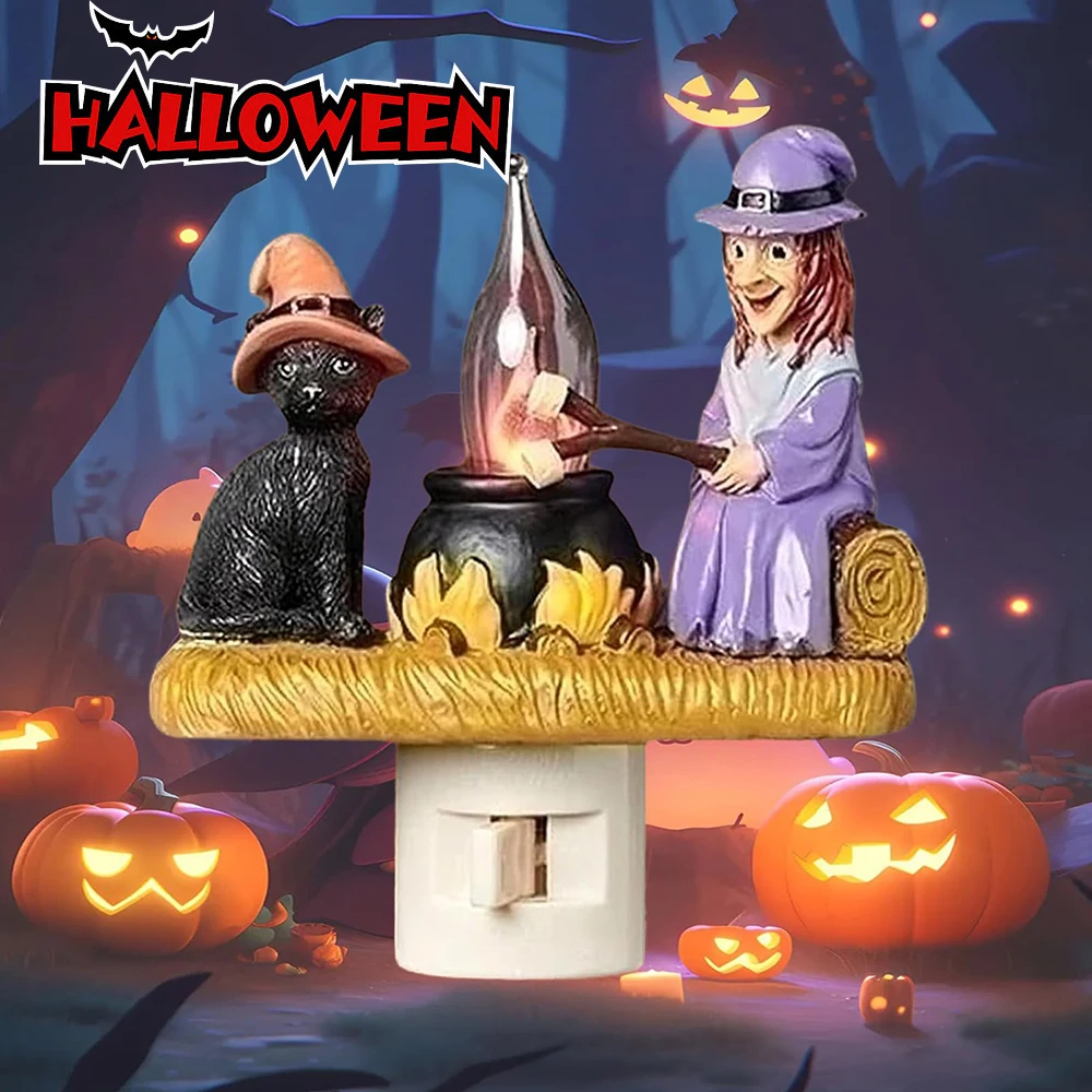 

Cat and Witch Campfire Flickering Night Light Resin Ghost Campfire Flickering Night Light 3D LED Lantern Halloween Decoration