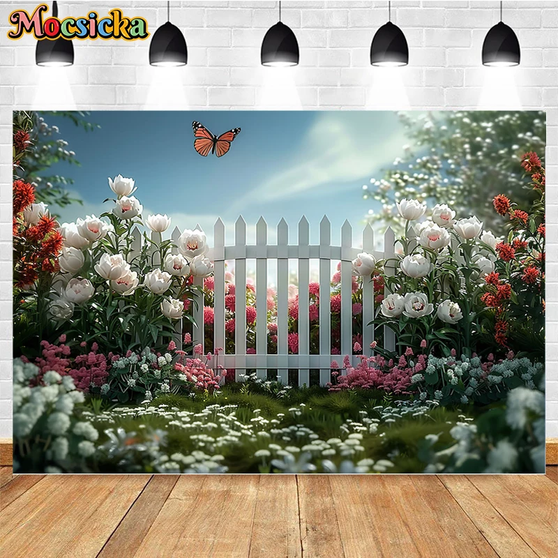 Mocsicka fondo de fotografía, decoración Floral de mariposa, jardín de primavera, fiesta de cumpleaños, retrato de fondo para niños, estudio fotográfico