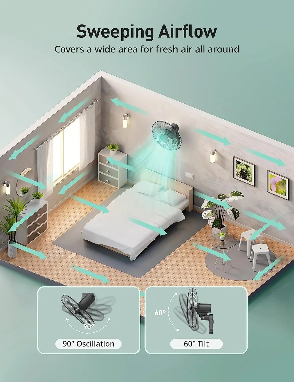 RHÔNE Wall Mount Fan with Remote,16 Inch Wall Fan with 5 Blades, 5 Speeds, 8 Hour Timer, 90° Oscillating Quiet Wall Fan with Rem