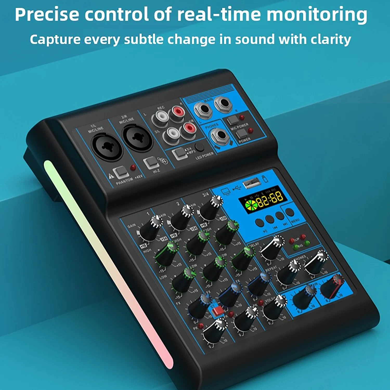 

GAX-UT4 professional 2-channel input live broadcast port mixing console with RGB colorful light control, and 48V phantom power