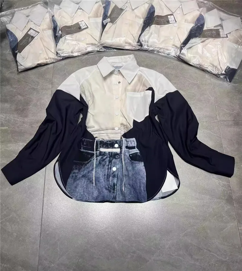 2023 autunno nuova moda manica lunga Colorblock Denim falso due pezzi camicetta allentata camicia donna Street Top femminile Y4415