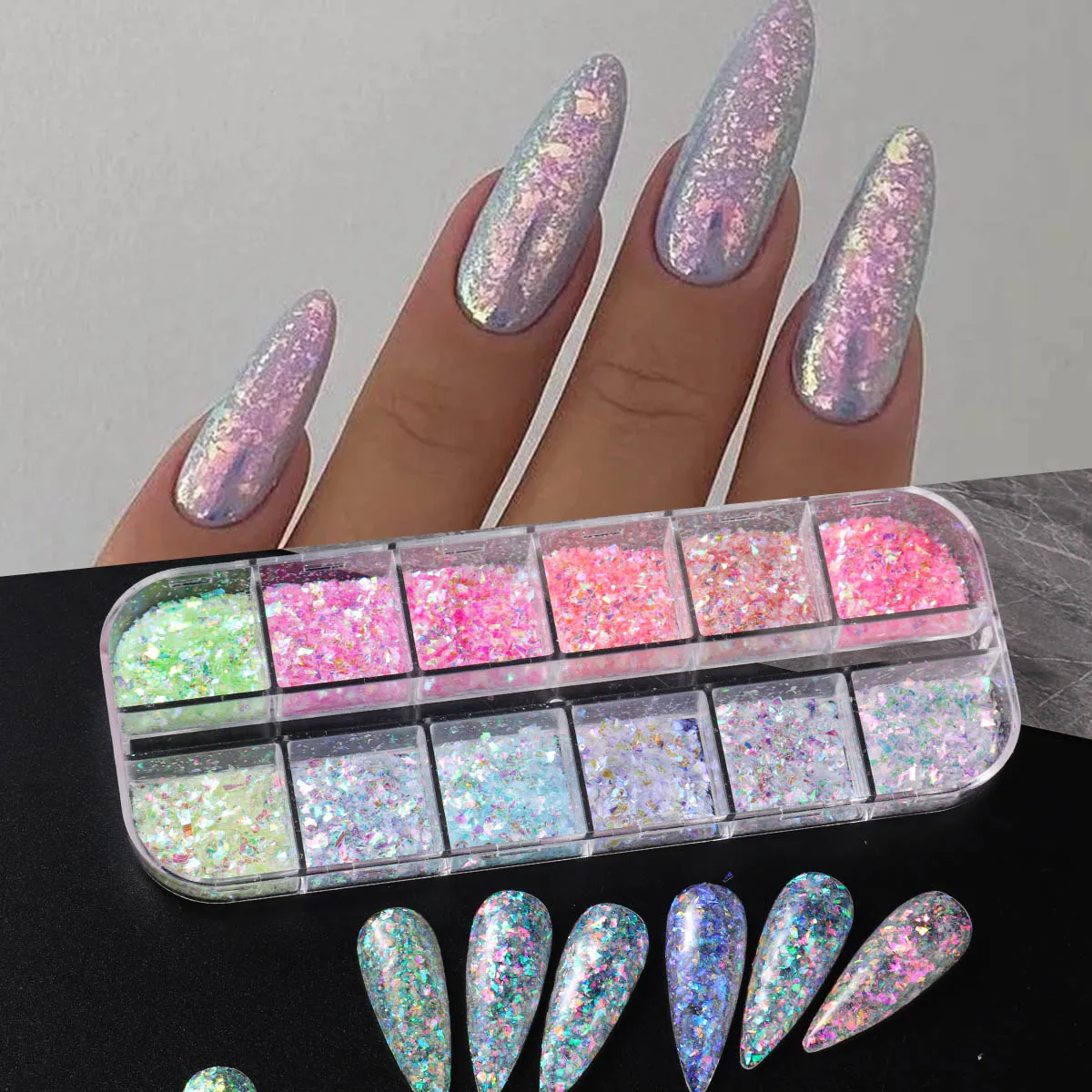12 Gitter Aurora Chamäleon Nagelglitzer-Flocken Unregelmäßige Kristallglas-Pailletten Puder Rosa Lila Glänzende Meerjungfrau-Pailletten