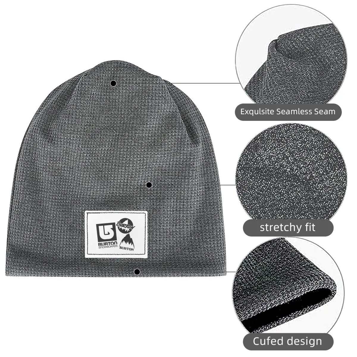 Burton Snowboard Sportive Waffle Knit Fleece Lined Beanie with PU Leather Patch Unisex Warm Winter Soft Cap