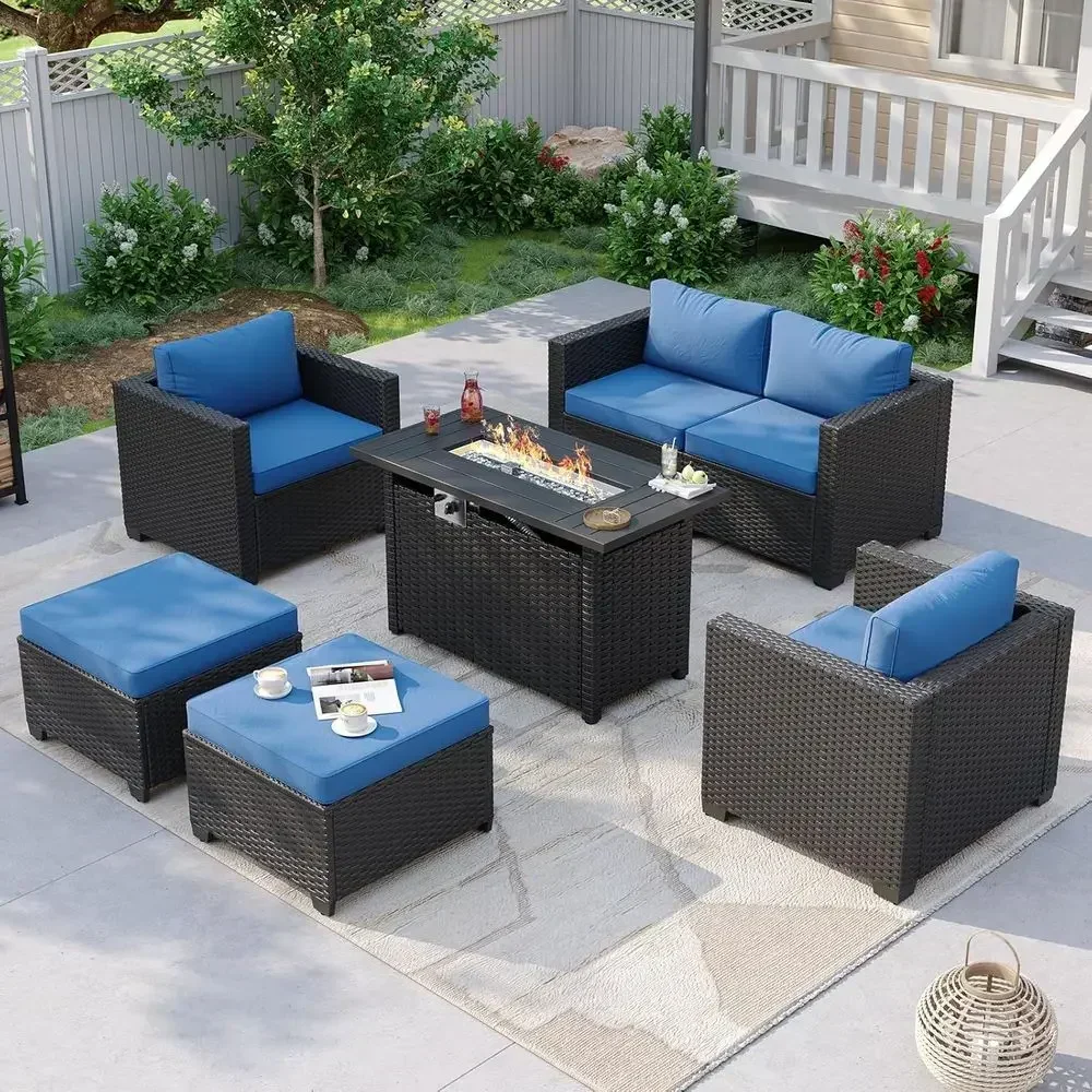 6-Seat Outdoor Patio Furniture Set with Fire Pit Table and Wicker Ottomans, Navy Blue Rattan Sectional Sofa with Cushions & Wate