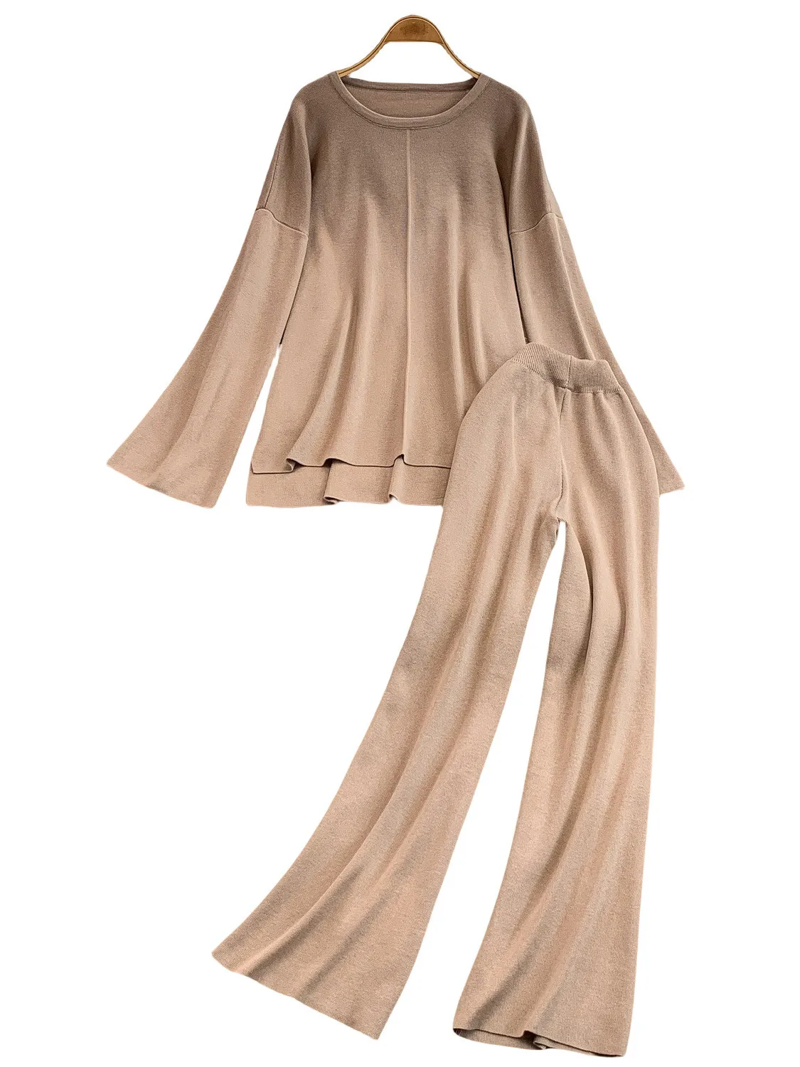 Conjunto de calças largas de cintura alta com sino sve cor pura cobrindo o bumbum top casual solto ajuste faion conjunto para mulher