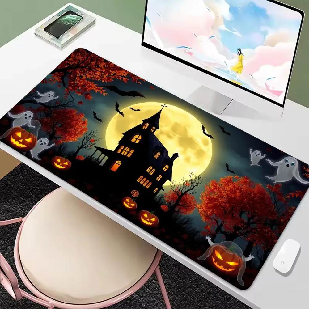 Purple Halloween Haunted House Ghosts Candles Pumpkins Large Gaming Mouse Pad Non Slip Rubber Base XXL Desk Mat for Collector