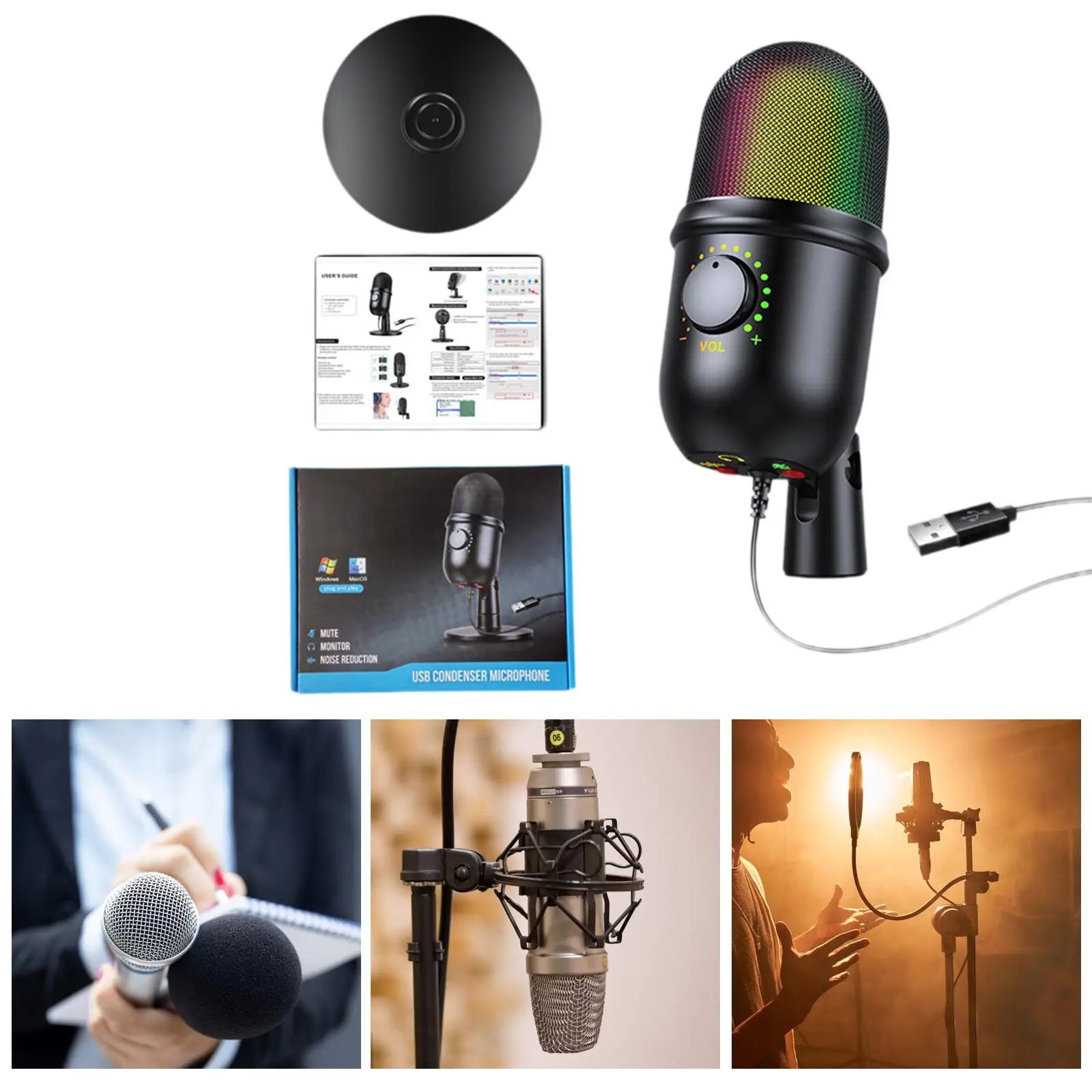 USB Microphone Professional Noise Reduction with RGB Light Gaming USB Microphone