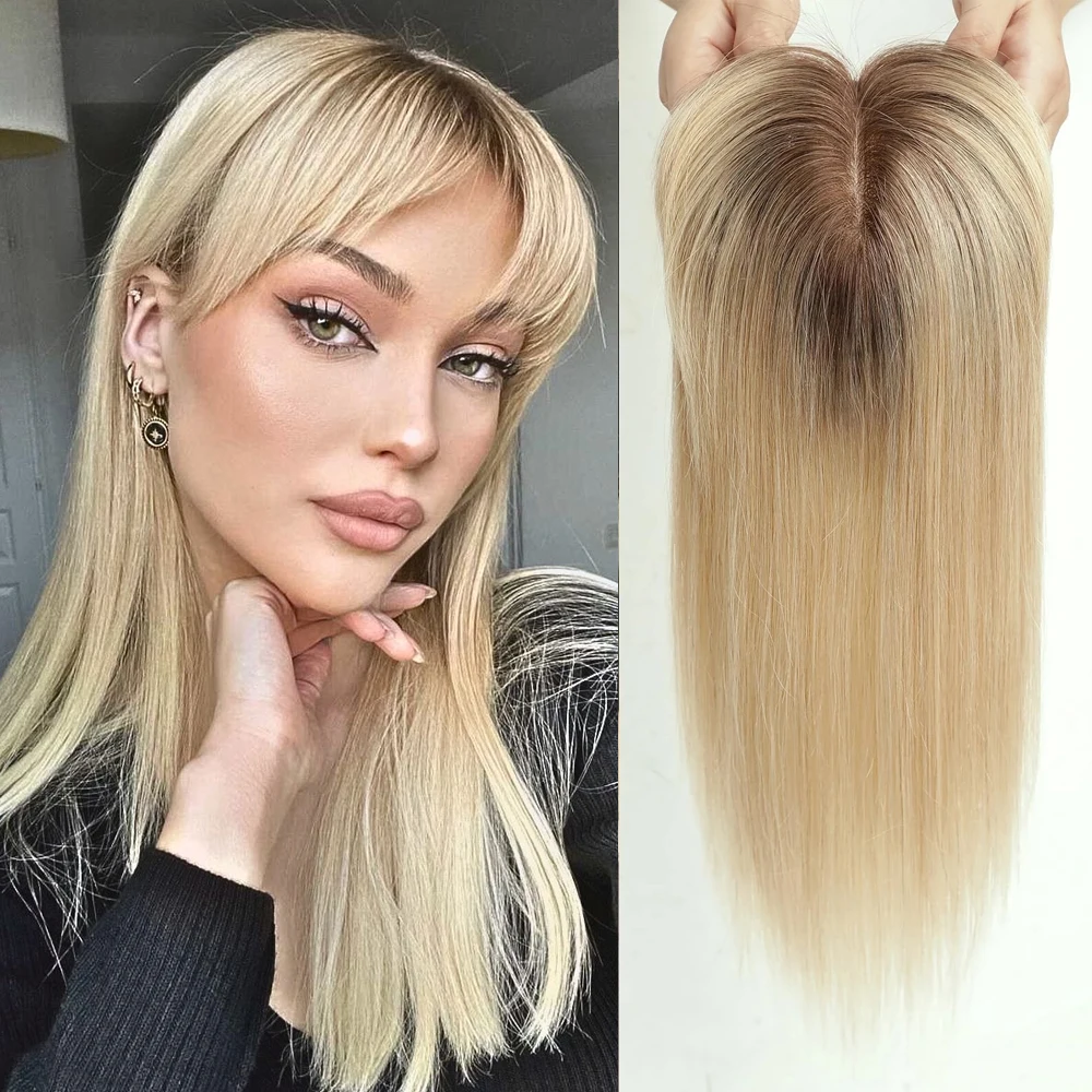 Human Hair Toppers with Bangs Ombre Platinum Blonde Remy Hairs Topper Silk Base Clip in Toupee Hair Pieces for Women Hair Loss