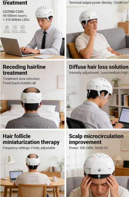 

Аппарат для лечения кожи головы COZINGC300: 300 диодов, плотность мощности 12 мВт/см², регулируемая частота для лечения редеющих волос на лобовой части и в области уха