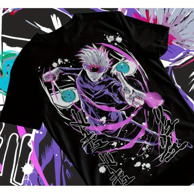 

Japanese Men's Black Animation Pattern T-shirt Cotton T-shirt Summer New Men's and Women's Streetwear