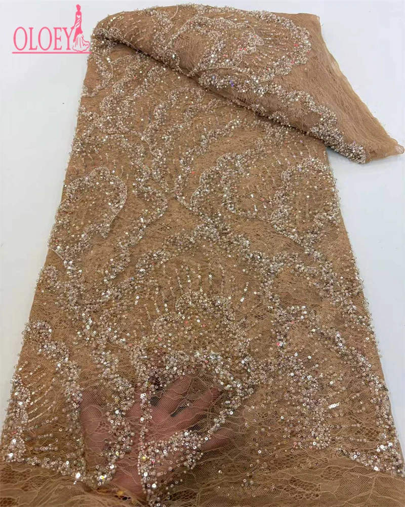 OLOEY Kain Renda Jala Afrika Nigeria Berkualitas Tinggi Dengan Payet Buatan Tangan Kain Renda Berhias Manik-Manik Berat Untuk Gaun Pesta Manik-Manik 5 Yard