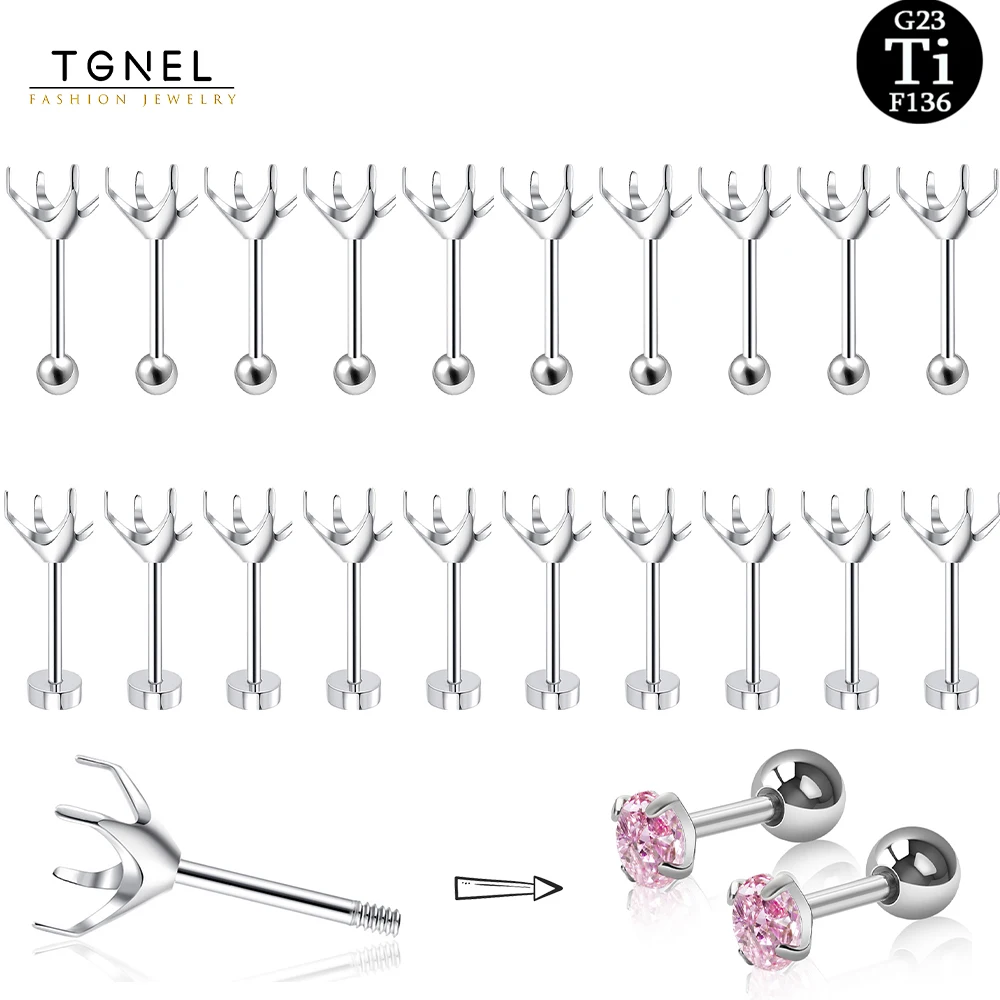 TGNEL G23 Titanium Earring DIY Set 20G Pole 6mm Empty Four-claw Brackets 2mm 8mm Zircon Earring With Screw Plugs Jewelry Making