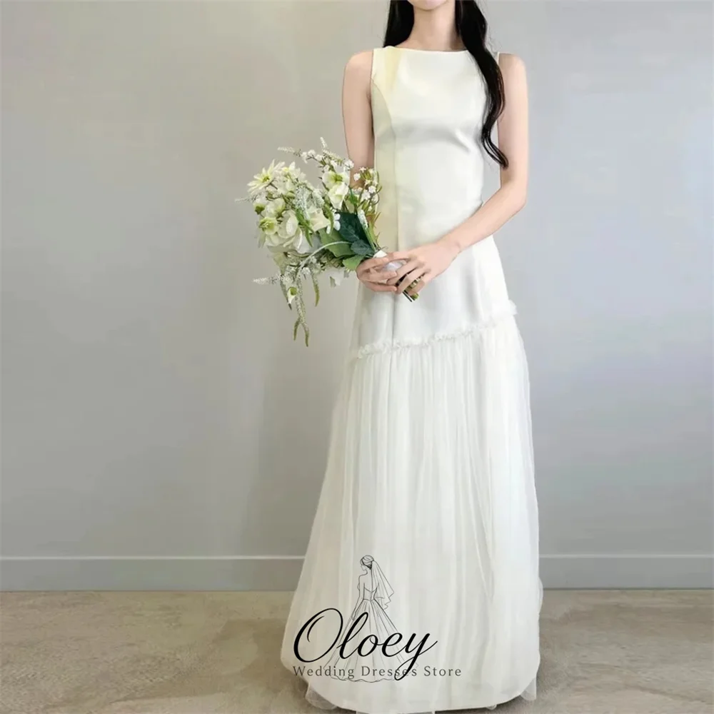 OLOEY Simple Sleeveless A Line Korea Wedding Dress Photo Shoot Satin Panels Tulle Customized 2026 Bridal Gown Lawn Wedding