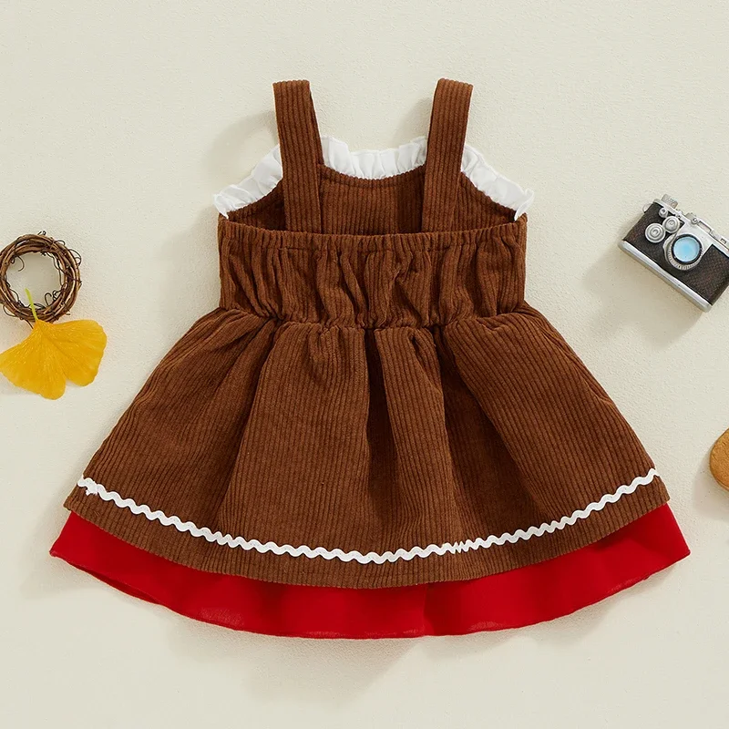 Kids Baby Girls Christmas Dress Ribbed Gingerbread Man Patchwork Ruffled Bow Button Party Xmas Dress