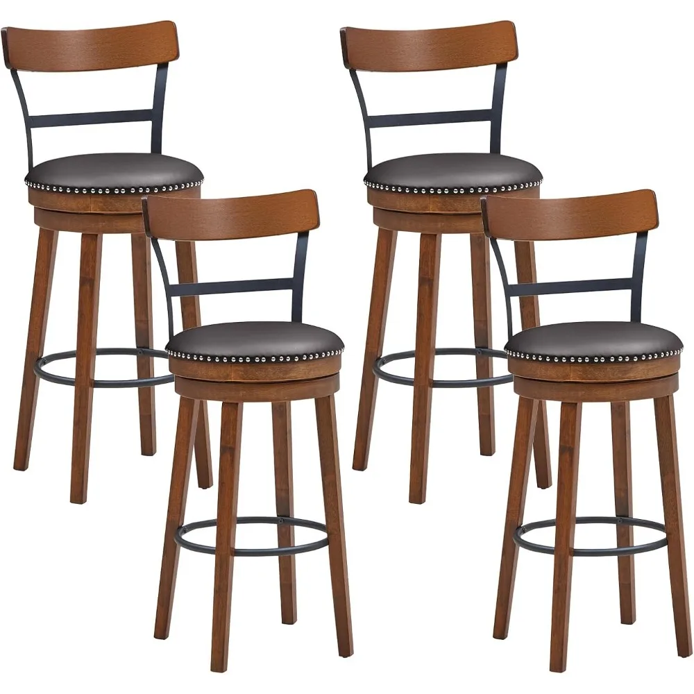 Café Chairs , PU Leather Upholstered Barstools with Back & Solid Rubber Wood Legs & Metal Footrest, Café Chairs