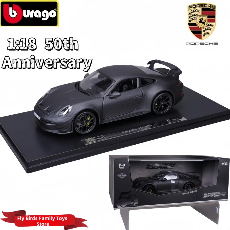 Original 1:18 Bruago 50th Anniversary Porsche 911 GT3 Carbon fiber texture Alloy Diecast Car Model Collection Toy Birthday Gifts