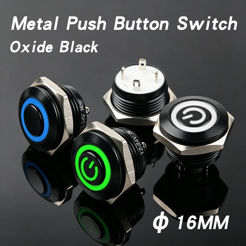 16MM Oxidized Black Ultra Short Metal Push Button Switch Momentary Waterproof Start Key 3V6V12V24V Red Green Blue White Yellow