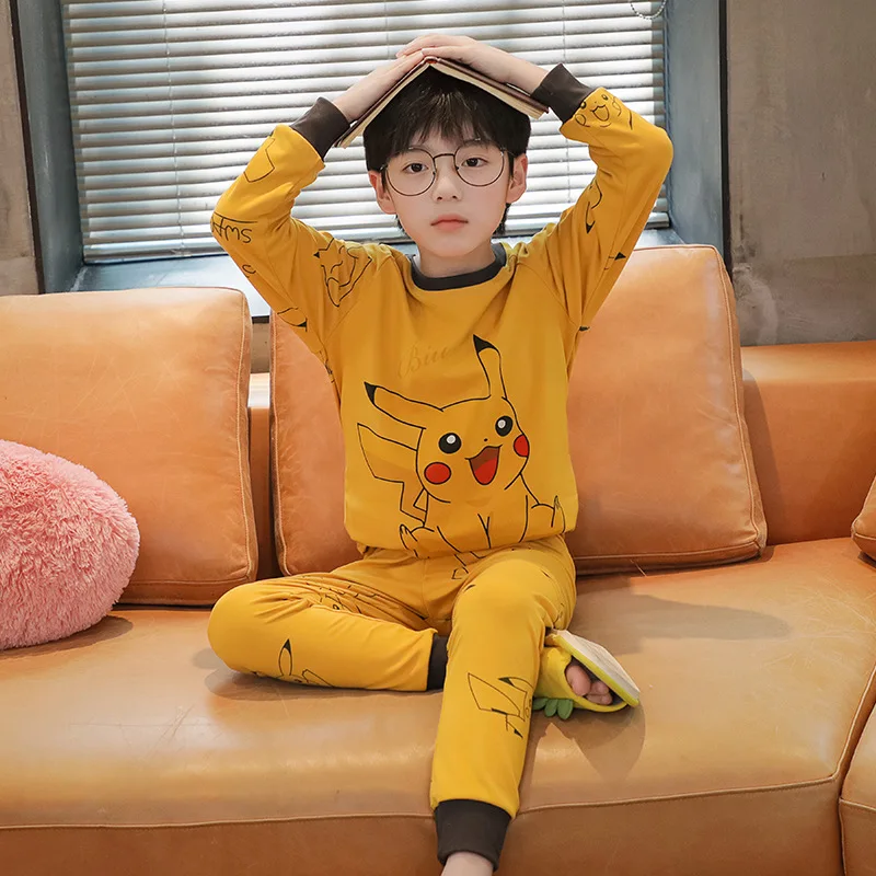 Pokémon Pikachu autumn and winter round neck pullover German velvet warm boys pajamas cartoon bottoming shirt long johns set