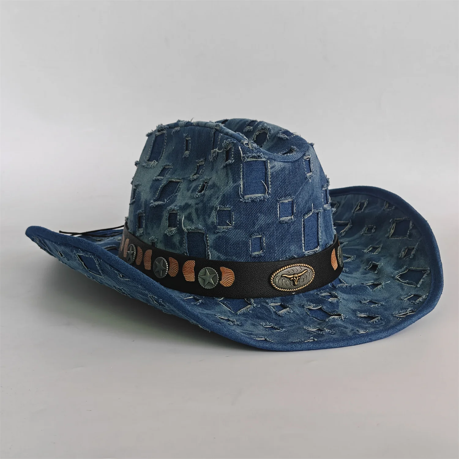Ripped Denim Western Hat Cowboy Hat For Women Men Party Hat Fancy Dress Retro Hat Soft Fabric Personality Panama Hat