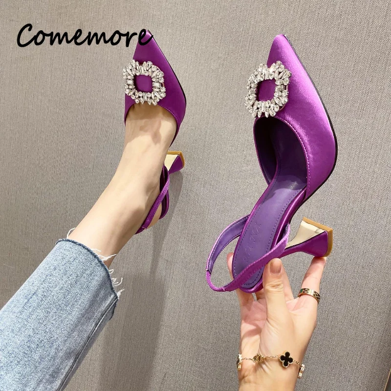 Comemore 2024 Trend Black Heels for Women Pointed Toe High Heel Sandals Summer Footwear Luxury Sexy Women\'s Pumps Purple Shoes