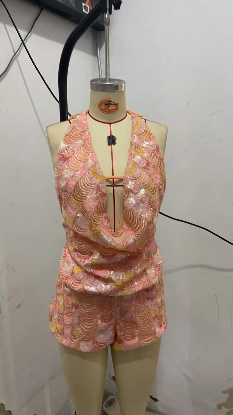 Mermaid Scale Sequins Beach 2 Piece Set Women Shiny Swinging Collar Lace Up Halter Backless Tank Tops + Shorts Club Party Suits