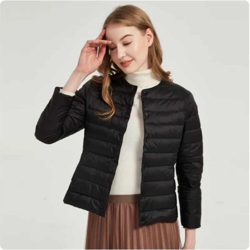 Chaqueta ligera de otoño e invierno para mujer, plumón de pato blanco de gama alta, cuello redondo, cuello en V, forro corto que combina con todo, novedad de 2025