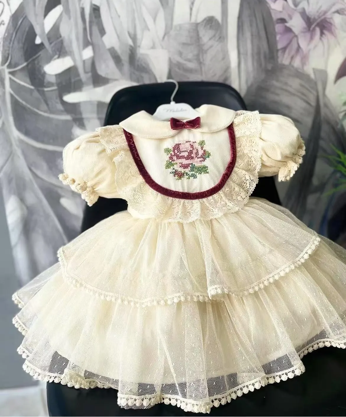 

0-12Y Baby Girl Summer Beige Mesh Flower Embroidery Vintage Princess Ball Gown Dress for Party Eid Birthday Photograph B275