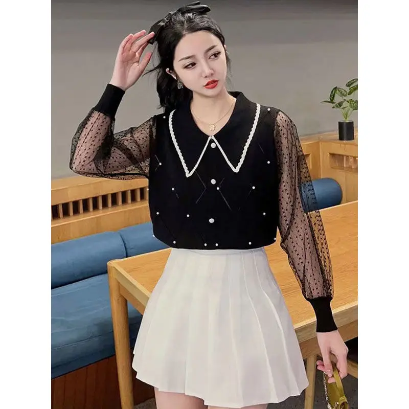 Xiaoxiangfeng Bubble Bead Baby Neck Chiffon manica lunga 2024 primavera e autunno nuovo stile camicia lavorata a maglia sottile e sottile