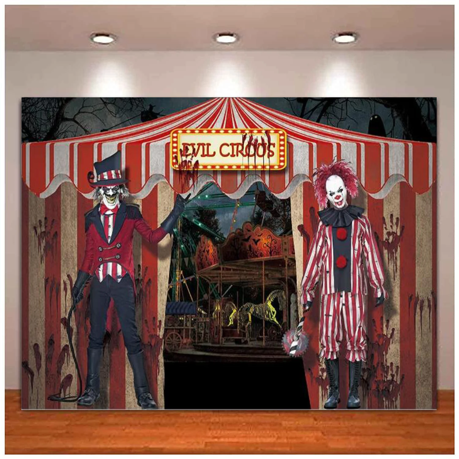 Horror Circus Photography Backdrop with Table Cover Halloween Giant Evil Clown Party Background Scary Grove Room Decor Banner