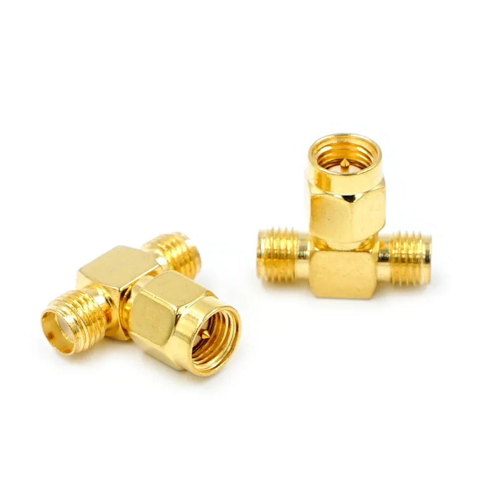 

5pcs T Type SMA Male Plug to 2 SMA Female Jack RF Coaxial Connector 3 Way Splitter Antenna Converter Gold-Plated Brass