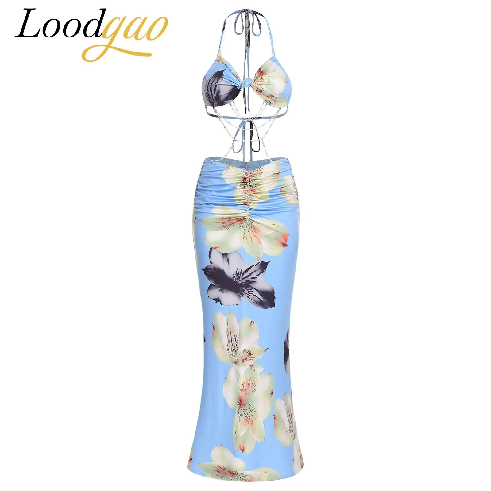 

Летние женские юбки с принтом в стиле бохо, комплекты пляжной одежды, праздничные костюмы, платье с цветочным принтом, бюстгальтер с лямкой на шее, топы + макси-юбка, сарафан