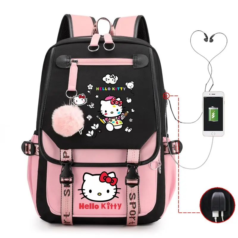 

Sanrio's Hello Kitty Large Capacity Backpack - Durable Nylon with Pink Accents, Cute Cartoon Design, Multiple Pockets & Zipper