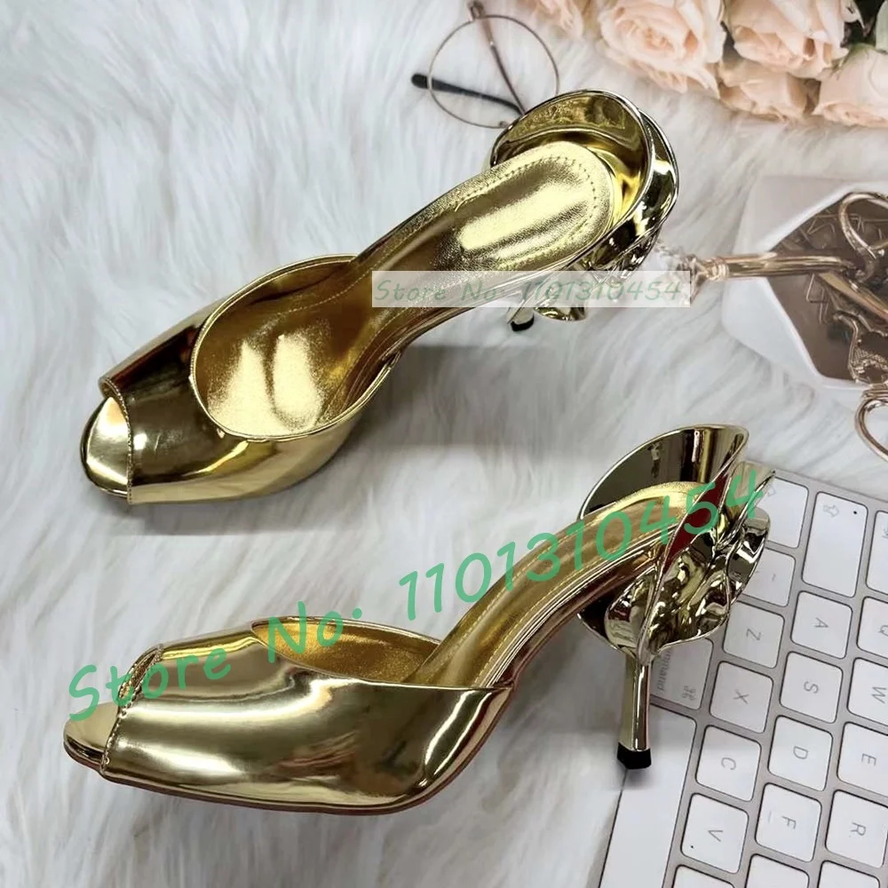 Gold Metallic Rose Heel Slippers Women Luxury Peep Toe Metal Flower Leather High Heels Gorgeous Slipper Party Showy Trendy Shoes