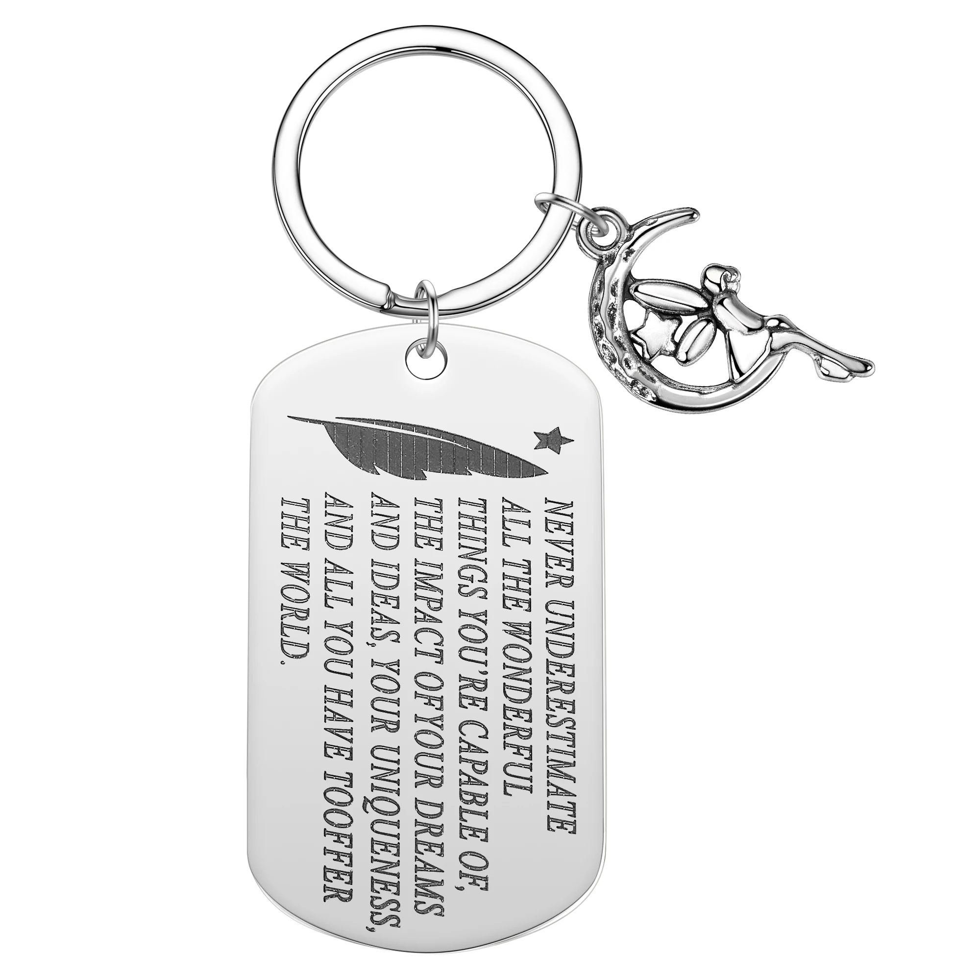 Never Underestimate All The Wonderful Keychain Stainless Steel Angel Of The Moon Keyring Inspirational Gift Key Chains